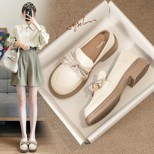 Women's 2025 New Summer Bowknot British Style White Small Leather Shoes Thick Sole Single Shoes