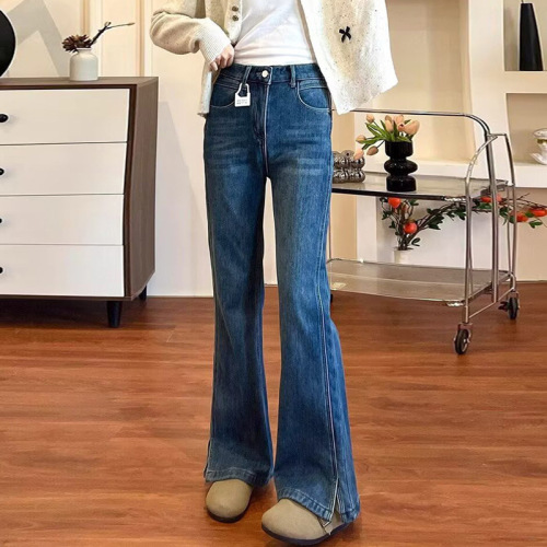 Blue ripped wide-leg micro-denim jeans for women, new spring and autumn style, stretch straight-leg non-tight bell-bottom pants for plus-size MM.