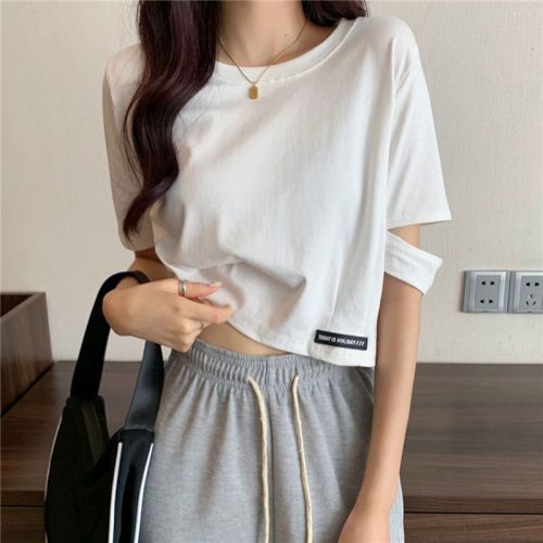 New trendy design women's summer T-shirt with Korean style, fashionable and niche short sleeve high-waisted crop top with relaxed fit.