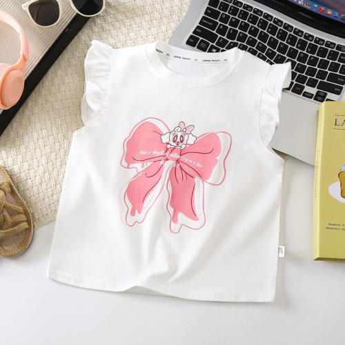 Summer New Pure Cotton Girls' Wing Sleeve T-Shirt Soft Breathable Sweat-absorbent Versatile Cute Fashion T-shirt