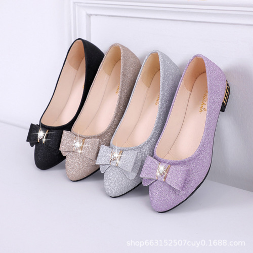 Women's Fashionable Butterfly Knot Water Diamond Flat Heel Rough Sole Pointed Toe Spring New Versatile Work Shoes