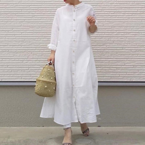 New style of literary style, solid color, simple casual vacation stand collar cardigan, long-sleeved shirt dress