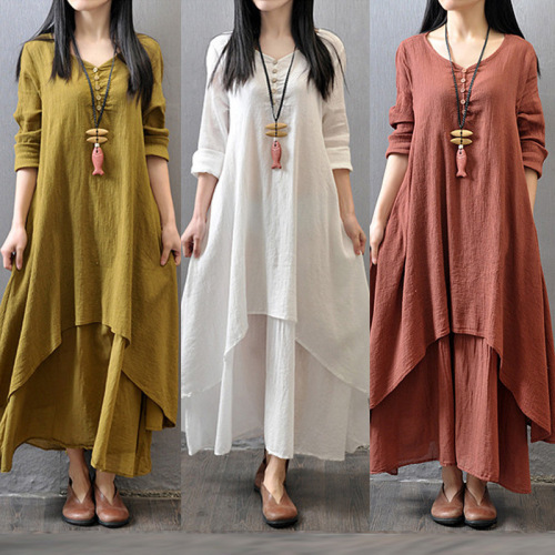 2025 Spring and Autumn Holiday Two-piece Long Skirt Literary Large Spoken Line Dress Loose Long Sleeve Cotton and Line Skirt