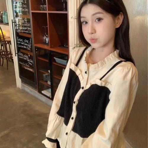 French retro design contrasting two-piece blouse, 2024 early spring new women's single-breasted multi-button long-sleeved top