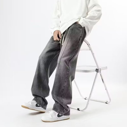 Vintage drawstring relaxed waist jeans for men, loose large size oversize pants, high street straight-leg wide-leg pants
