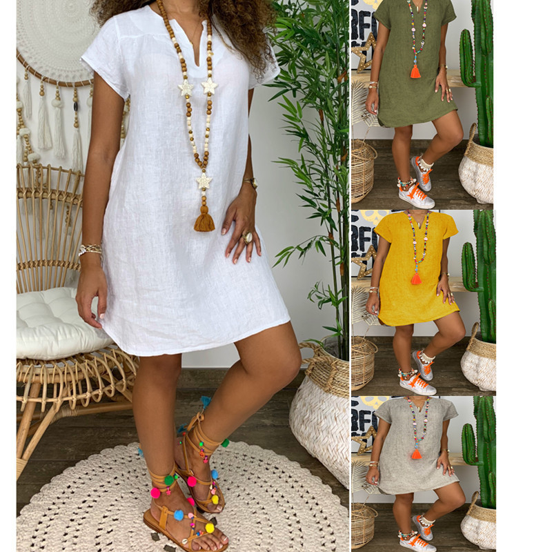 New Amazon WISH hot-selling spring and summer loose skirts short-sleeved V-neck solid color woven dress