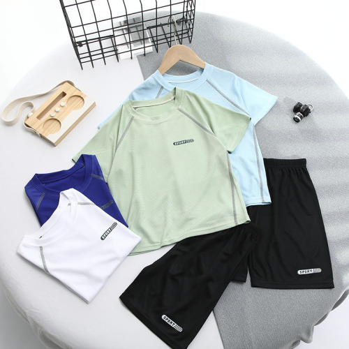 Boys Quick-Dry Short-Sleeve Shorts Set Summer 2025 New Mesh Children's Sports Two-Piece Set for Older Children with Ice Silk