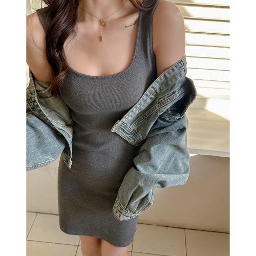 Cotton-lined bodysuit A-line skirt grey knit spaghetti strap dress hot girl sexy high-end temperament slimming dress