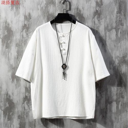 Summer Cotton Linen Short-Sleeve T-Shirt for Men Loose Fat and Large Chinese Style Retro Traditional Chinese Buttoned Collar Tangzhuang Half-Sleeve Top