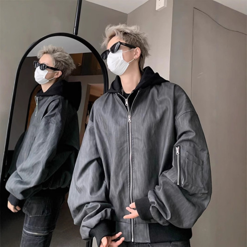 European and American hip-hop faux two-piece jacket men's spring/autumn trendy brand edgy hooded baseball uniform bomber jacket leather jacket