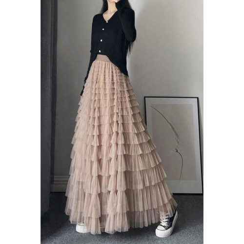 Layered Heavyweight Mesh Cake Skirt Women's Summer Skirt Ultra Long Ethereal Unique Small-Town Feel Unique Characteristic Long Mesh Skirt