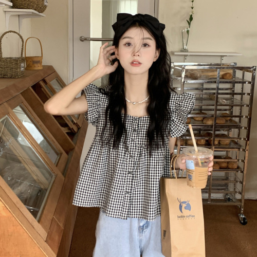 Short shirt plaid French puff sleeve navel exposed flying sleeves shirt women's new summer chiffon 2024 short sleeves