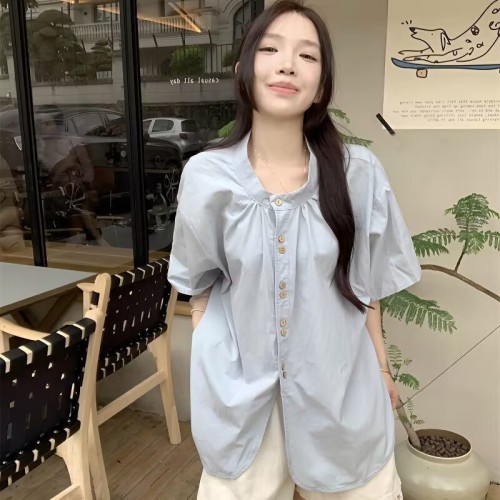 Women's Summer Round Neck Short Sleeve Shirt with Korean Design Style, Unstructured Blue Blouse, Fashion Upfit for Summer, Versatile