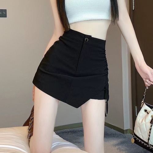 Women's Summer Short Pants Unstructured Elastic Drawstring A-line Skirt Bodysuit Slimming High-Waisted Booty Skirt