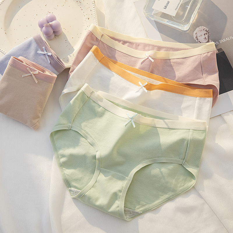 Japanese macaron color simple solid color underwear women's mid-waist hip breathable pure cotton crotch student briefs