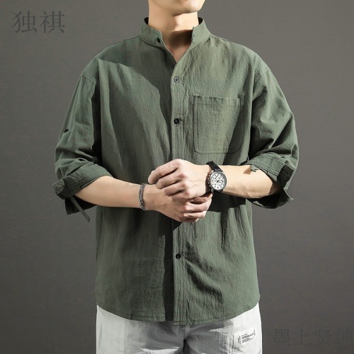 Men's Loose Linen Short Sleeve Shirt, Big Size, Trendy, Fat Men, Plus Size, Summer Cotton-Linen Five-Finger Sleeve Thin Model