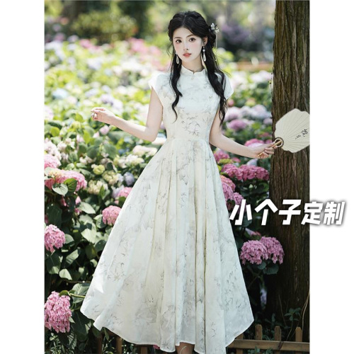 150 Small Size Chinese Style Improved Dress for Women, Summer New Chinese Style Bamboo Cheongsam with Waist Control, A-Line Mid-Length