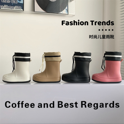 Summer Cute Kids Rain Boots with Drawstring Outdoor School Student Water Shoes Casual Water Play Anti-Slip Mid-Calf Parent-Child Rain Boots