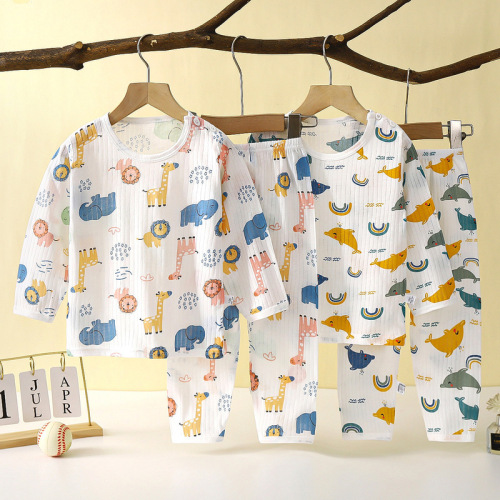 2025 new children's pure cotton home clothing set summer long-sleeved pajamas thin air-conditioning suit for boys and girls
