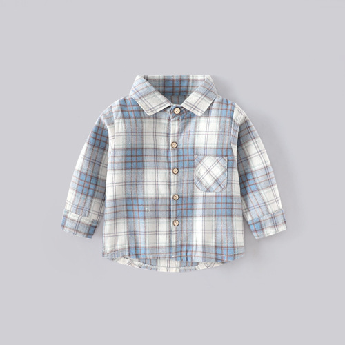 New boys plaid shirt autumn clothes girls Korean version long-sleeved top lapel base shirt cotton cardigan spot stock