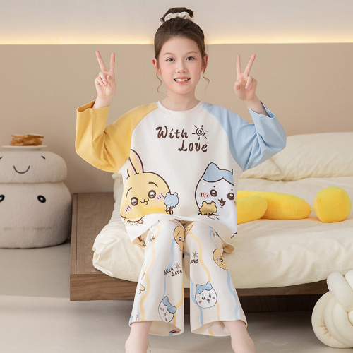 Children's girls' pajamas spring and autumn pure cotton long-sleeved 2025 new style girls' mid-to-large children's fashionable Kulomi home clothes