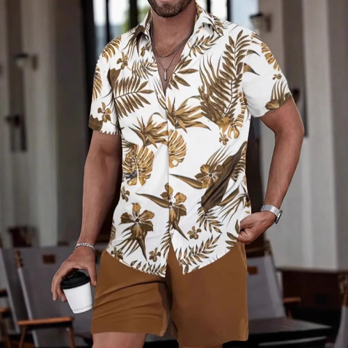 Trendy New Hawaii Cross-border Summer Men's Fashion Bestselling Versatile Collar Casual Short Sleeve Shirt and Short Pants Set