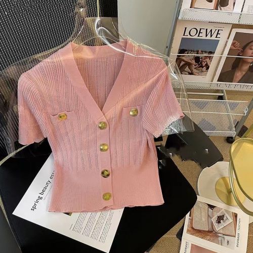 V-neck short-sleeve knitted base top for women, 2025 summer new arrival, Chanel-inspired, elegant and versatile, flattering and slimming, short-length white