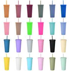 Cross-border direct supply double-layer plastic straw cup customized simple 24OZ large capacity water cup frosted cup
