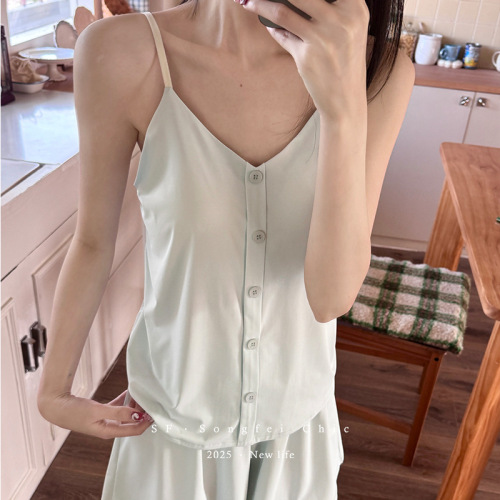 Knit Camisole Padded Button Ice Silk Short Set Summer New Ice Silk Adjustable Homecoming Set Two-Piece Sleepwear