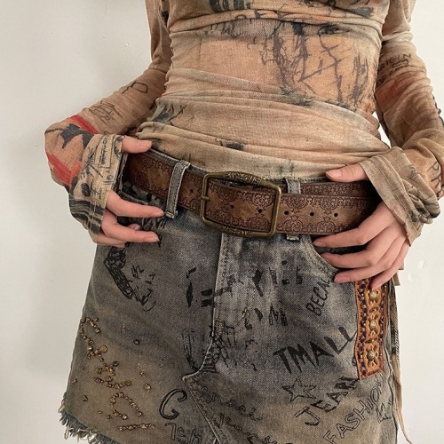 Bronze printed brown retro old print literary style decadent belt high-end style ethnic style belt