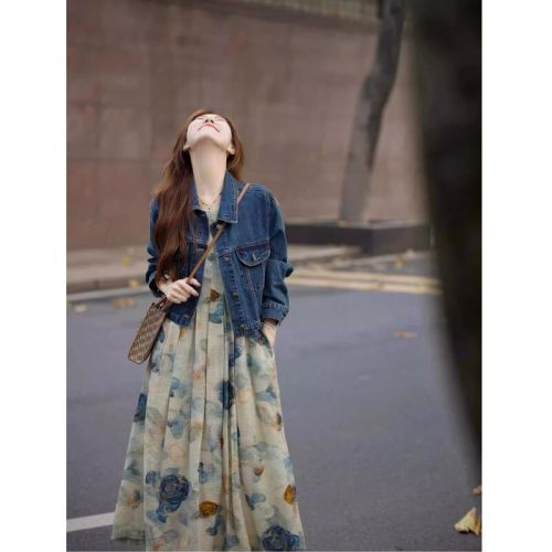 French high-end feeling is super good-looking and slightly fat mm large-size French striped shirt dress waist-hugging long skirt
