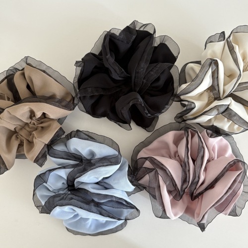 Korean folded double layer Organ yarn lace large intestine hair ring temperament flower bud hair rope hair accessories low ponytail solid color head flower