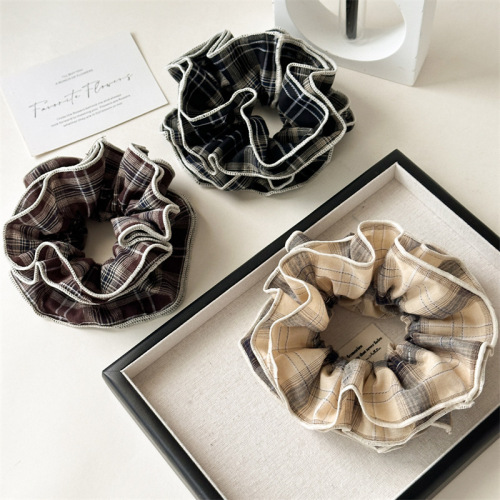 Early autumn retro French lace double-layer plaid large intestine hair ring American college style brown hair rope