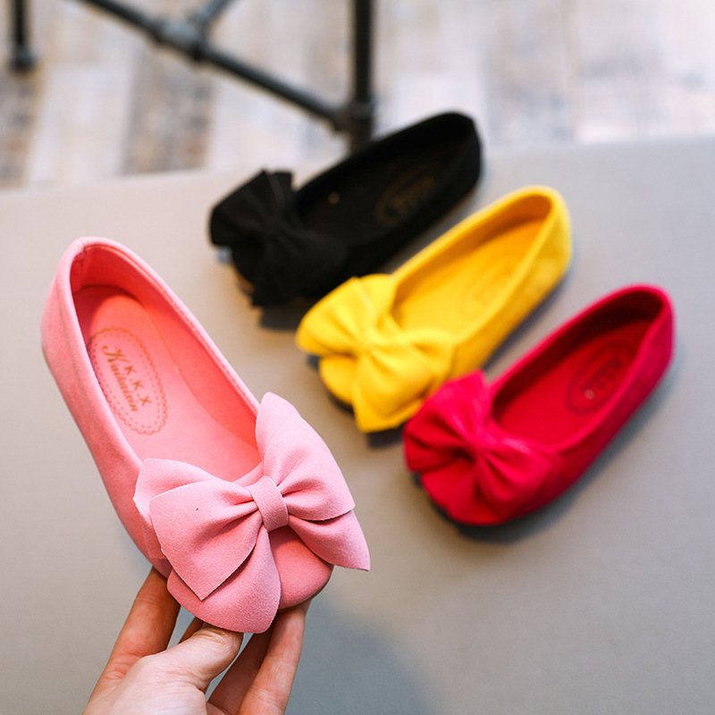 2020 New Solid Color Bow Princess Shoes Girls Fashionable Shoes Comfortable and Wear-Resistant Slip-On Shoes