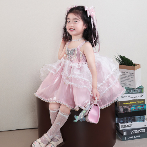 Lolita Princess Dress for Girls 2025 Children's Summer Trendy Pearl Straps Dress Birthday Formal Dress
