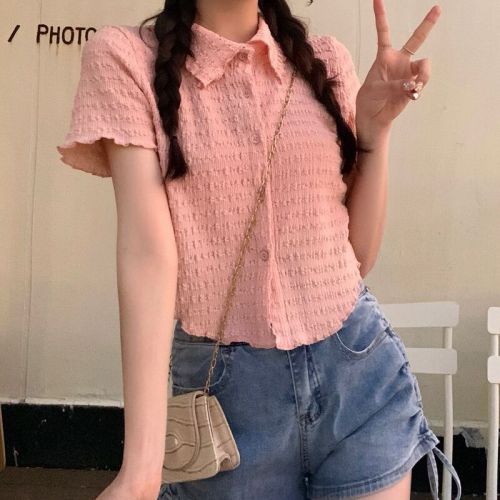  Korean style girl slimming versatile short-sleeved shirt for women with POIO collar 