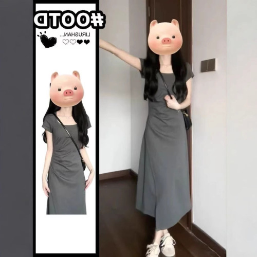 Women's Summer 2025 New Gray Fitted Small Waist Collar Plication Dress, French A-Line Long Skirt