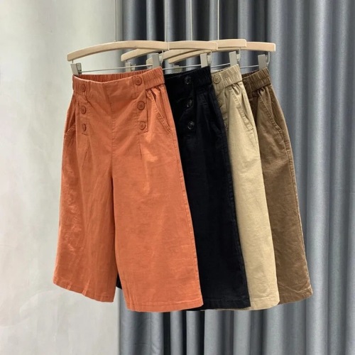Pure cotton cropped pants for women in summer elastic high waist slimming wide-leg casual pants temperament versatile thin medium pants 2503