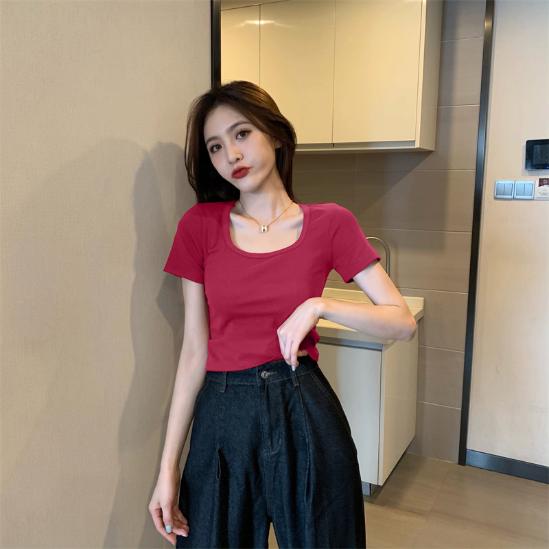 Real shot and real price Summer new Korean style T-shirt women's short-sleeved solid color crop top