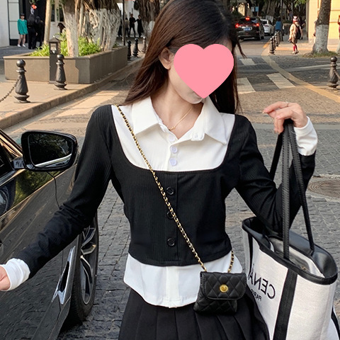 Spring new sweet and spicy college style contrasting fake two-piece tops for women's design, slim and long-sleeved T-shirt