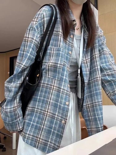 [Original version of the back waist splicing] Retro plaid long-sleeved loose shirt spring and autumn casual college style shirt coat 