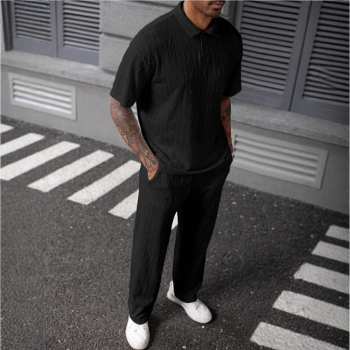 Cross-border Lilbetter jacquard texture knitted polo shirt for men short sleeves + trousers suit casual two-piece set