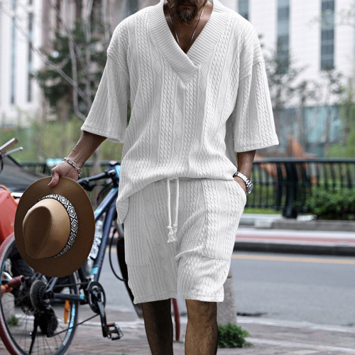 Independent Station Spring and Summer New Casual Loose Cropped Sleeve Jacquard Sweater Top Shorts Men's Set