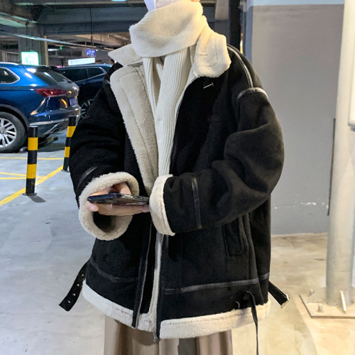 Suede cotton coat men's winter trend ins loose lapel thickened cotton coat trendy brand fur integrated motorcycle jacket