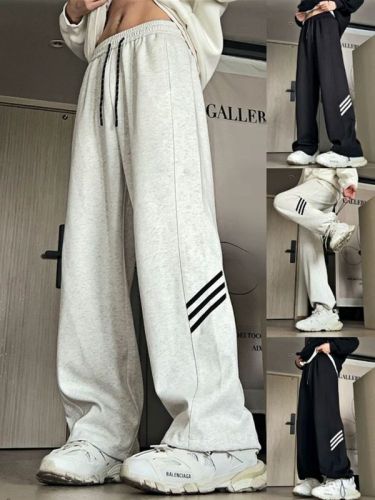 Spring and Autumn Loose and versatile straight-tied feet Gray Heavy Couple Pants Men's Drawstring Striped High Street Casual Sports Pants
