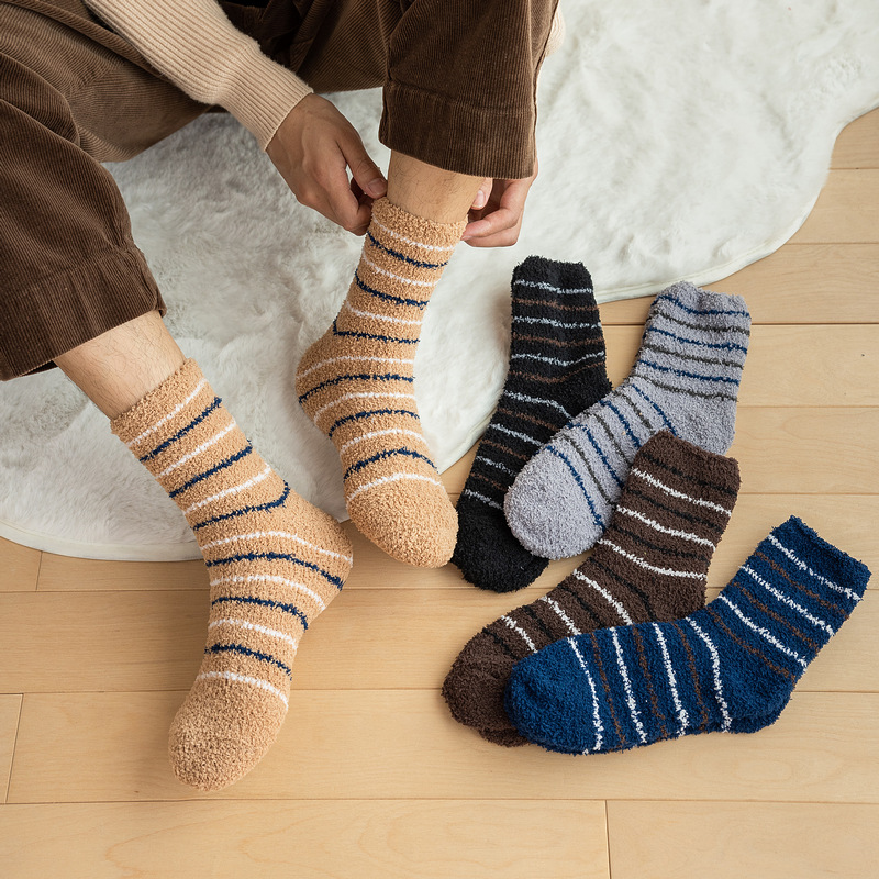Socks men's autumn and winter thickened coral velvet mid-tube socks thickened home floor sleeping sock stripes