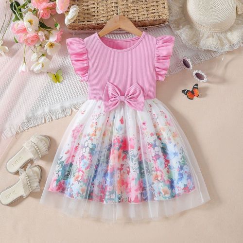 Women's Summer Cross-Border Trade Small Sleeveless Waist with Butterfly Knot Design Splicing Net Fabric Elegant Princess Dress Trendy