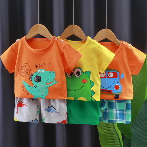 Children's short sleeve set summer t-shirt for boys and girls, pure cotton summer shorts for babies, factory dropshipping