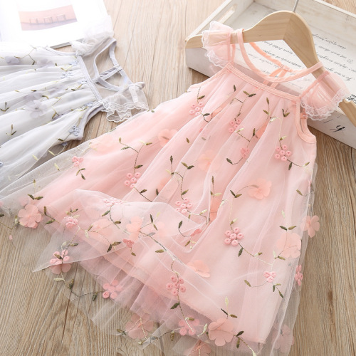 474 Summer Korean Version Girls Embroidered Lace Net Dress for Baby Girls Super Stylish Gown Princess Dress