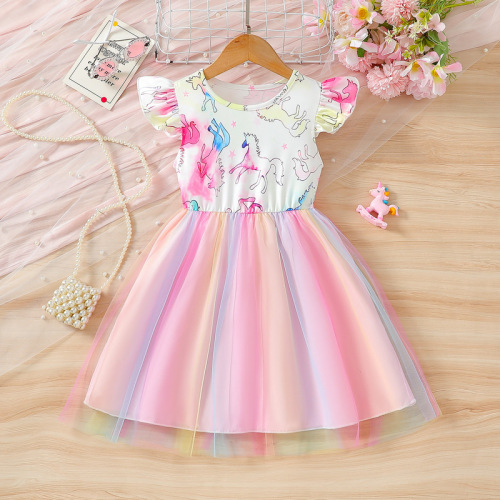 Girls' Summer Cotton Princess Dress for Foreign Trade, Elegant Mesh Dress for Little Girls, Rainbow Dress for Children's Performance, Trendy